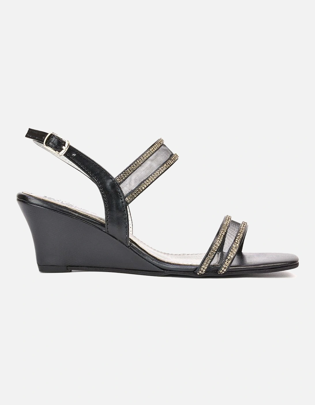 'Lacey' Strappy Diamante Mesh Square Toe Mid Heel Wedge Sandals, 2 of 1