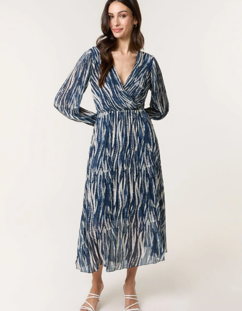 Wave Print Pleated Wrap Front Dress