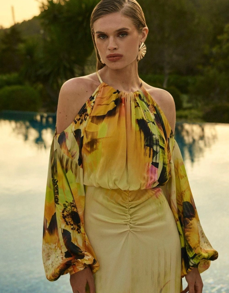 Viscose Satin Tie Dye Floral Cold Shoulder Midaxi Dress