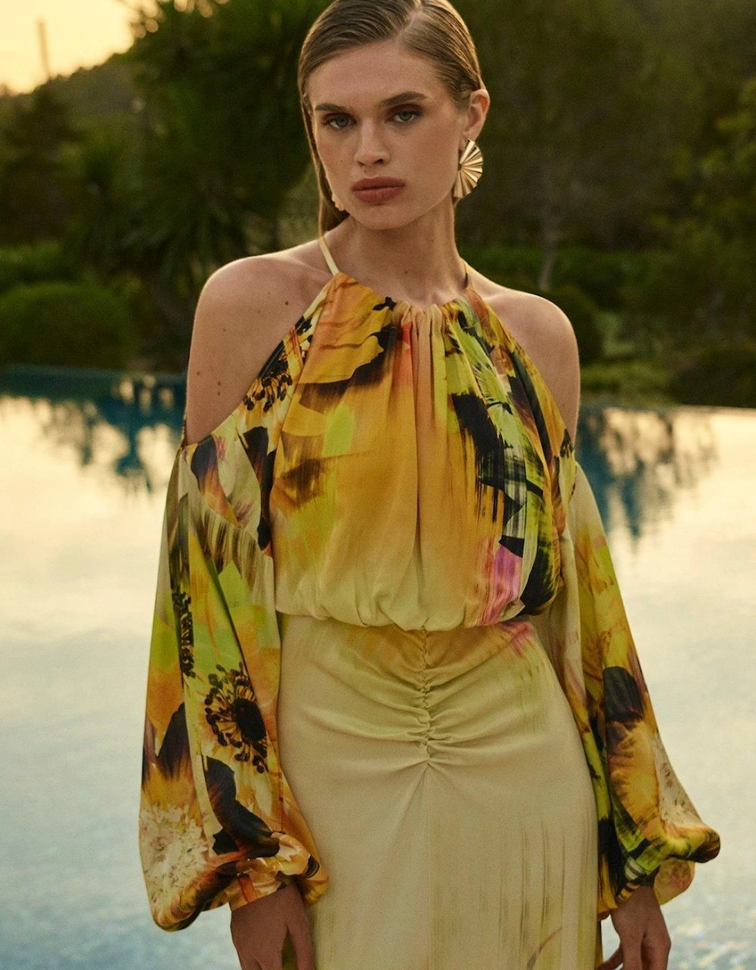 Viscose Satin Tie Dye Floral Cold Shoulder Midaxi Dress, 2 of 1