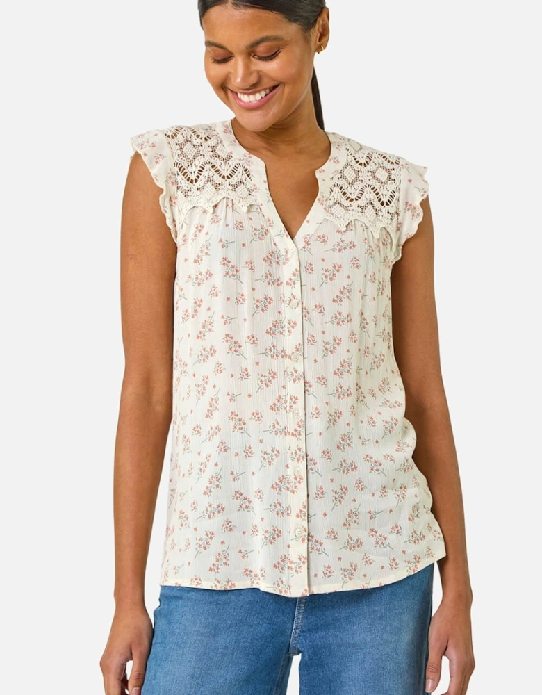 Floral Print Lace Yoke Blouse