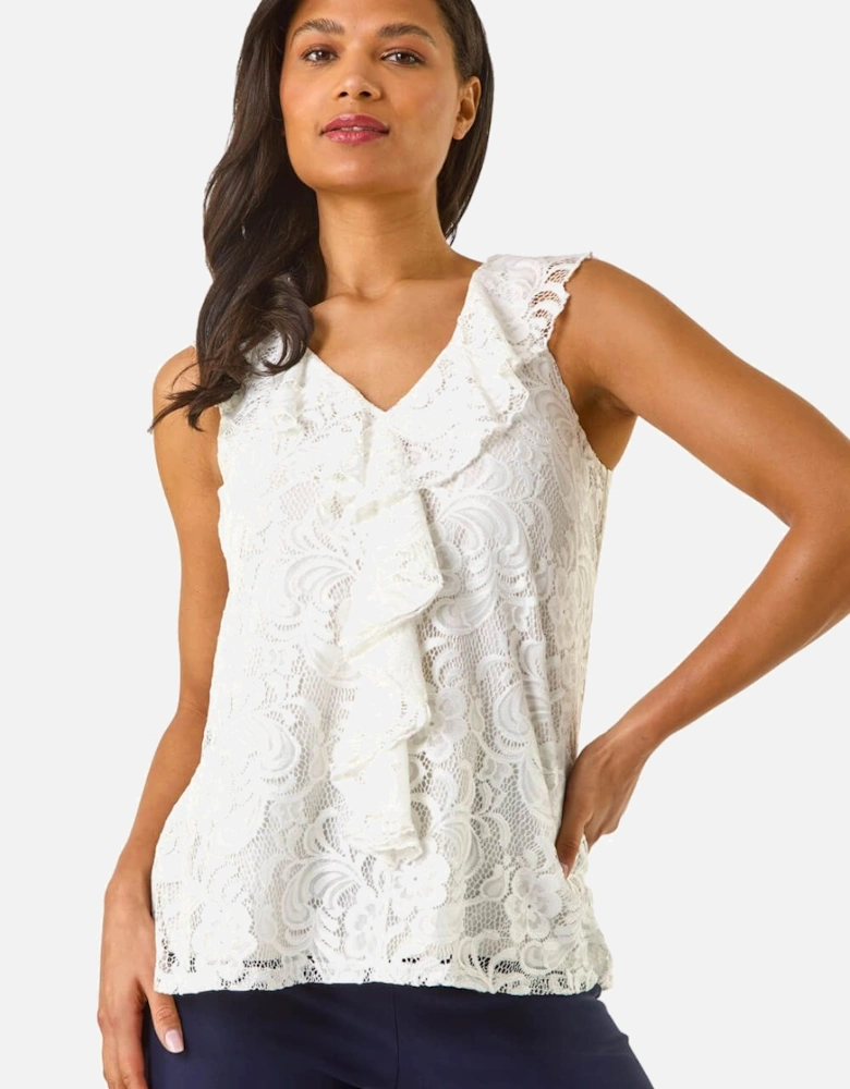 Lace V-Neck Ruffle Front Top
