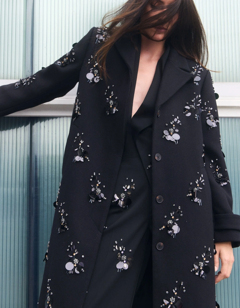 Wool Embellished Single Breasted Tailored Coat