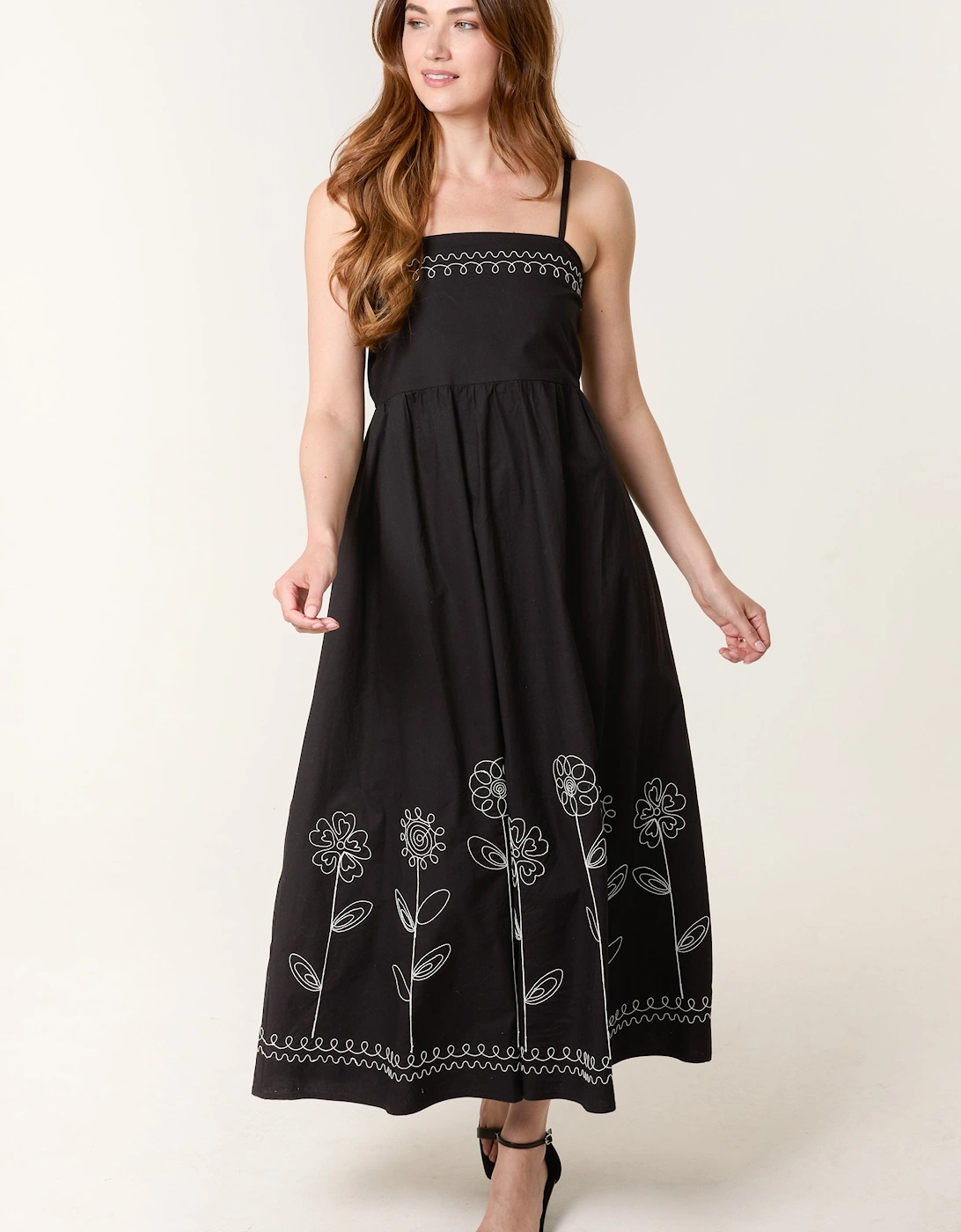 Black Strappy Floral Embroidered Cotton Midi Dress, 2 of 1