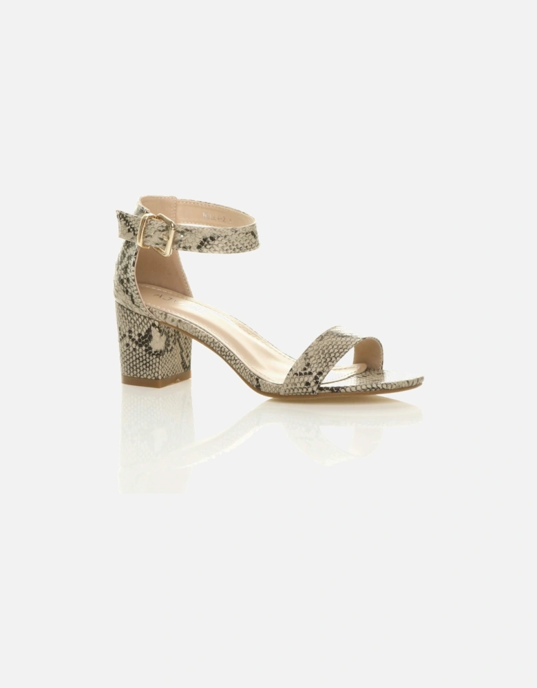 Mid Block Heel Ankle Strap Snake Heeled Sandals