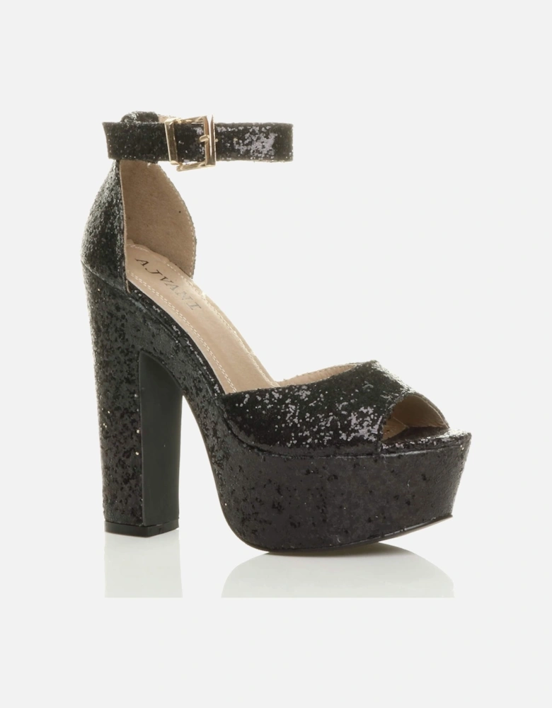 High Block Heel Ankle Strap Peep Toe Glitter 2 Part Heels