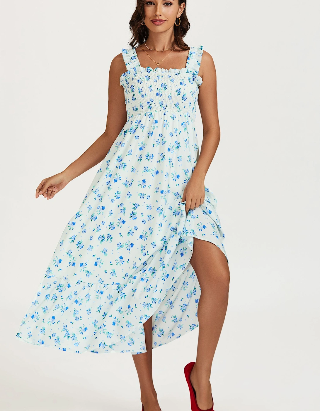 Floral Print Hem Detail Maxi Dress In White, 2 of 1
