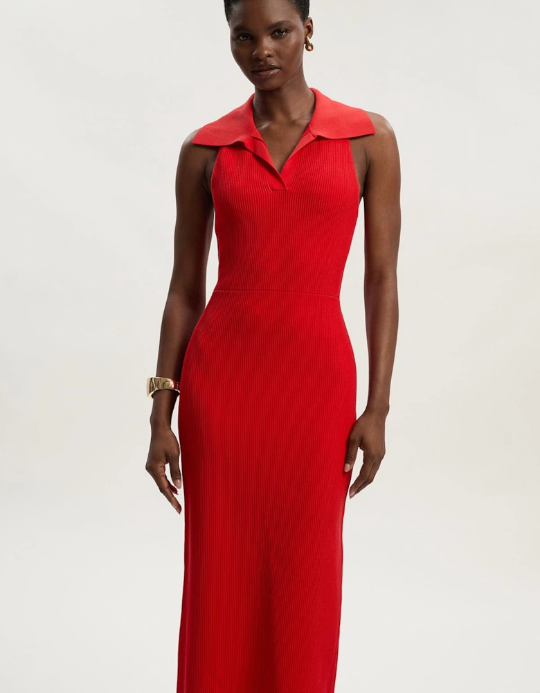Ottoman Stitch Sleeveless Collar Detail Knitted Midi Dress