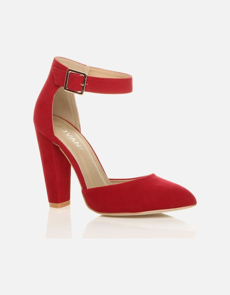High Block Heel Ankle Strap Pointed Toe Faux Suede 2 Part Heels