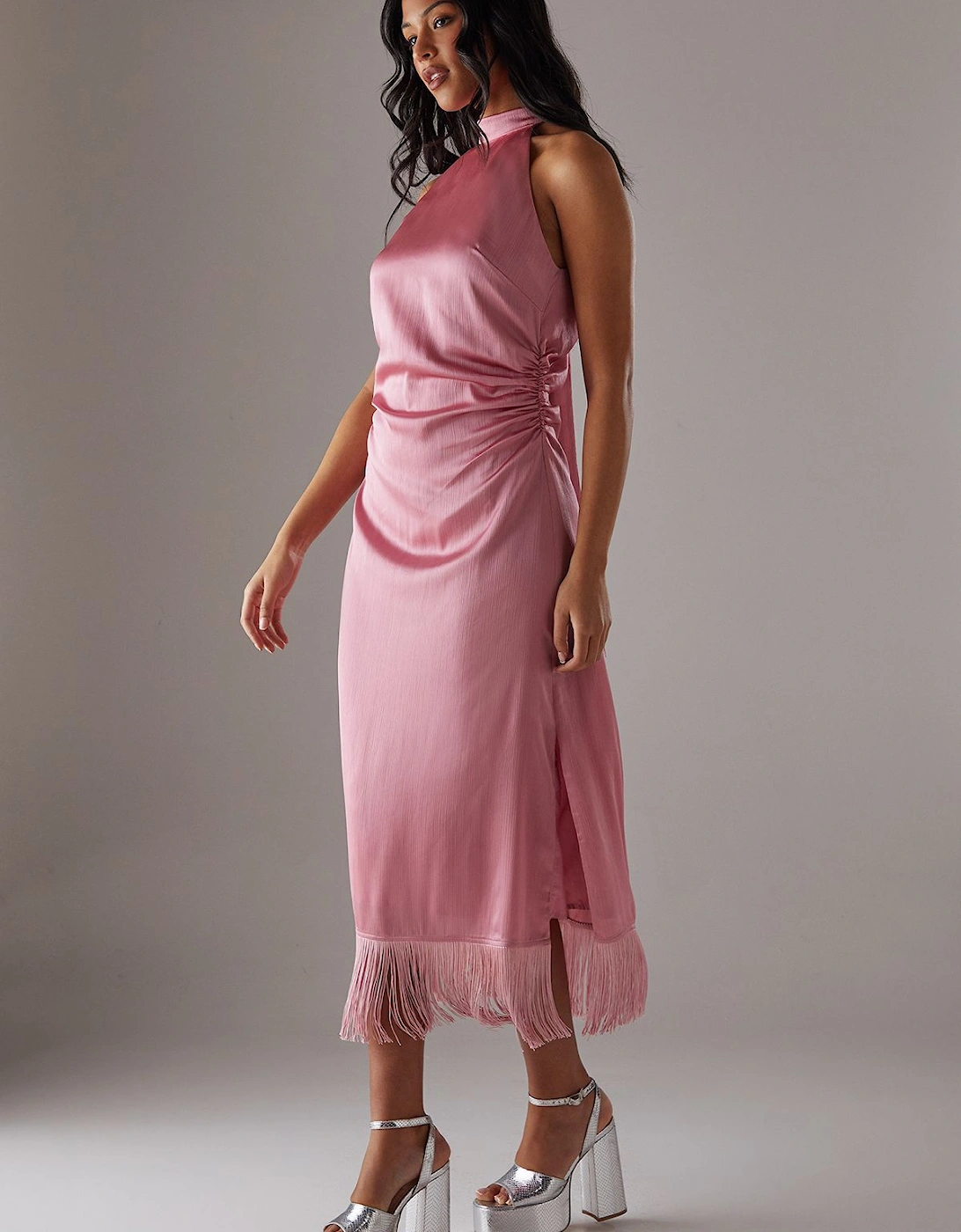 Crinkle Satin Halter Fringe Midi Dress, 2 of 1