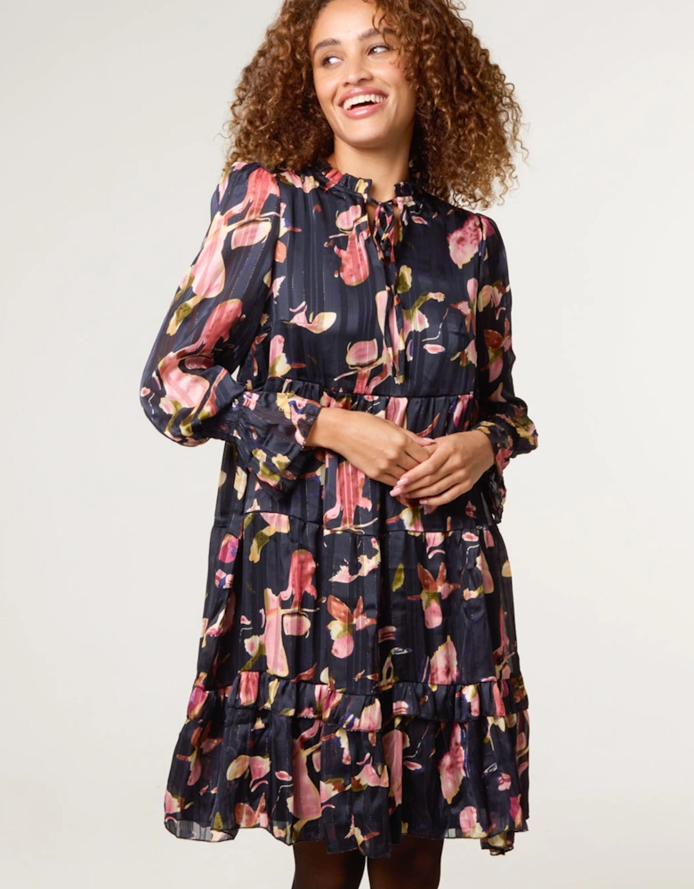 Black Tie Neck Floral Chiffon Smock Dress
