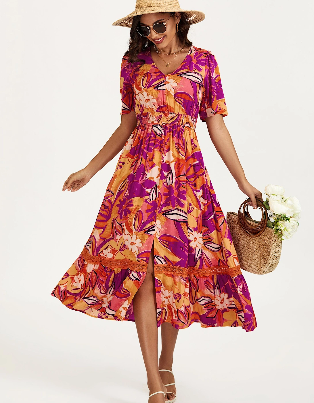 Floral Print Button Down Maxi Dress In Pink Orange, 2 of 1