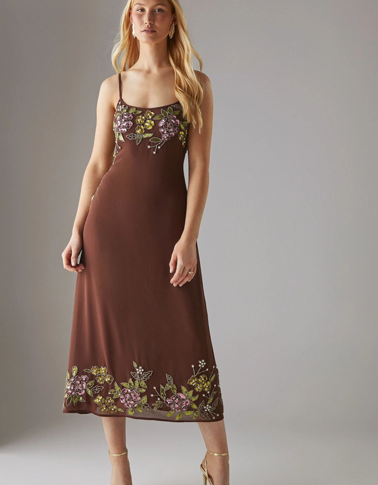 Hand Embellished Strappy Bias Sequin Midi Dress