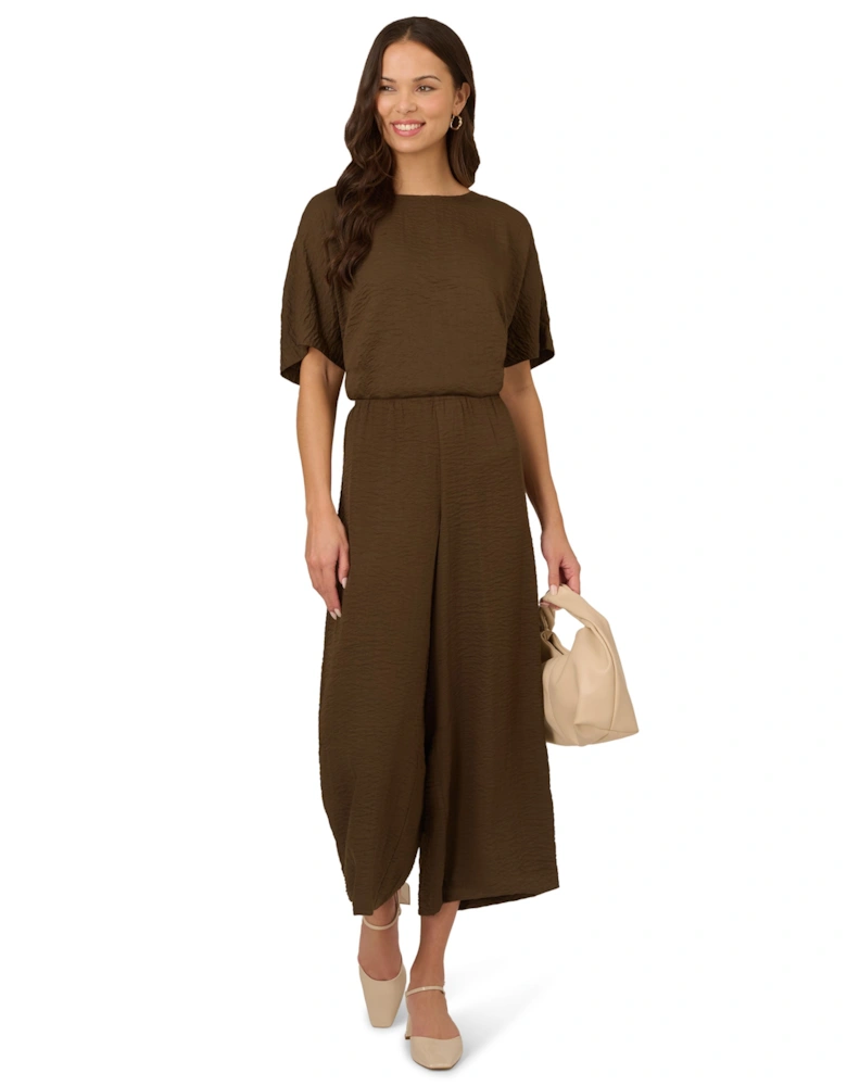 Solid Crinkle Wide Leg Pull On Elastic Waist Crop Pant