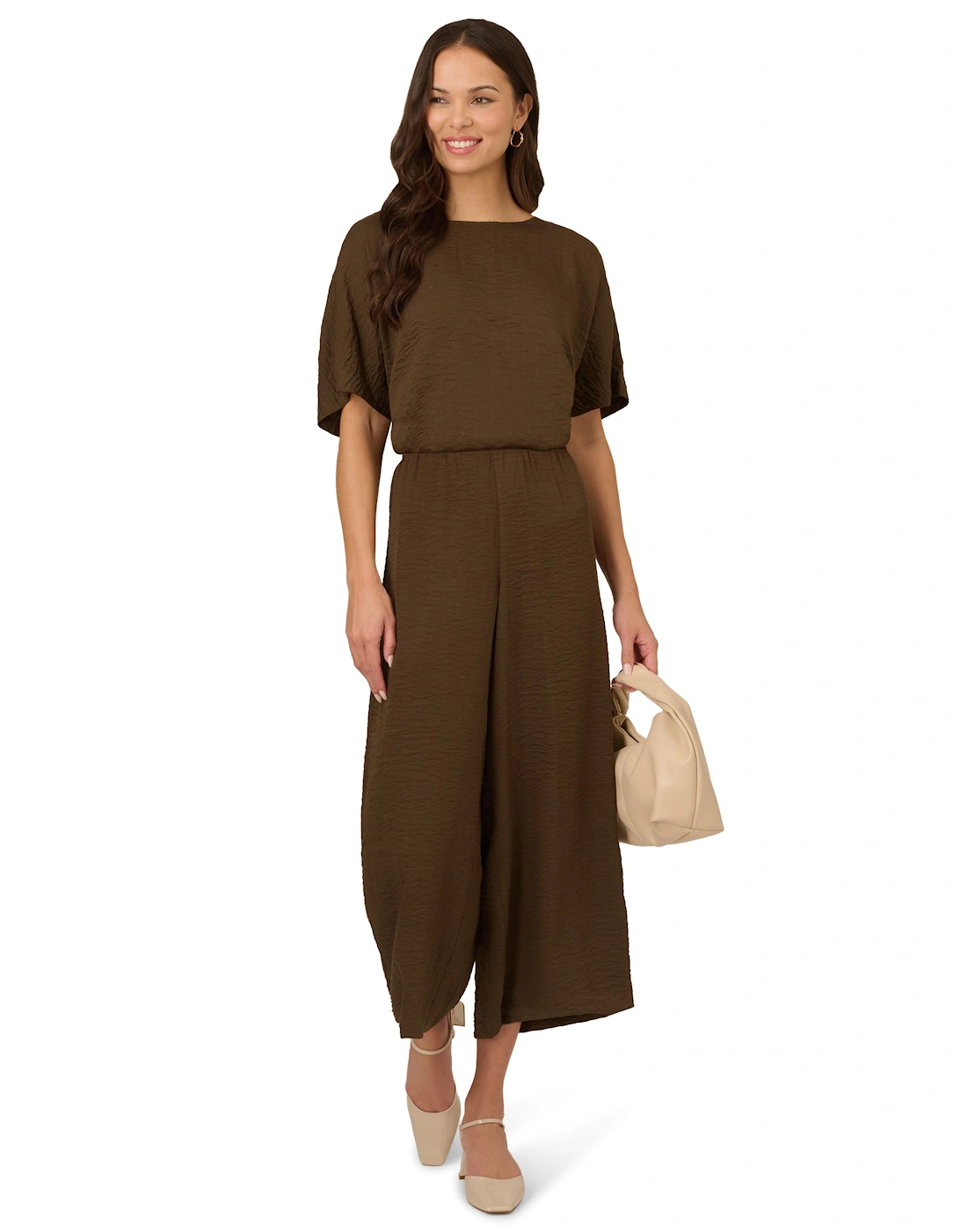 Solid Crinkle Wide Leg Pull On Elastic Waist Crop Pant, 2 of 1