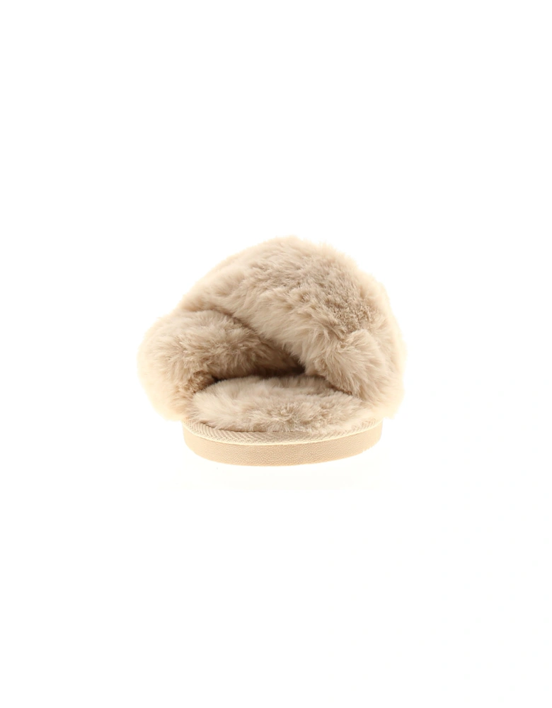 Womens Mule Slippers Cuddles Faux Fur Soft Cosy Beige UK Size