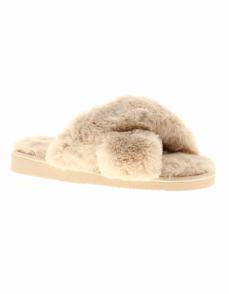 Womens Mule Slippers Cuddles Faux Fur Soft Cosy Beige UK Size