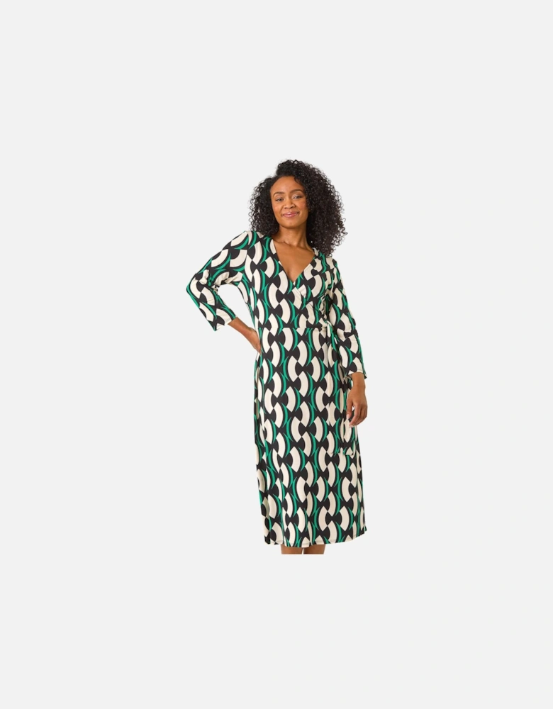 Petite Geometric Tie Waist Stretch Midi Dress
