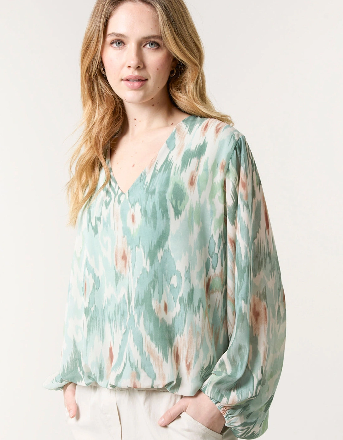 Green V Neck Watercolour Print Blouse, 2 of 1