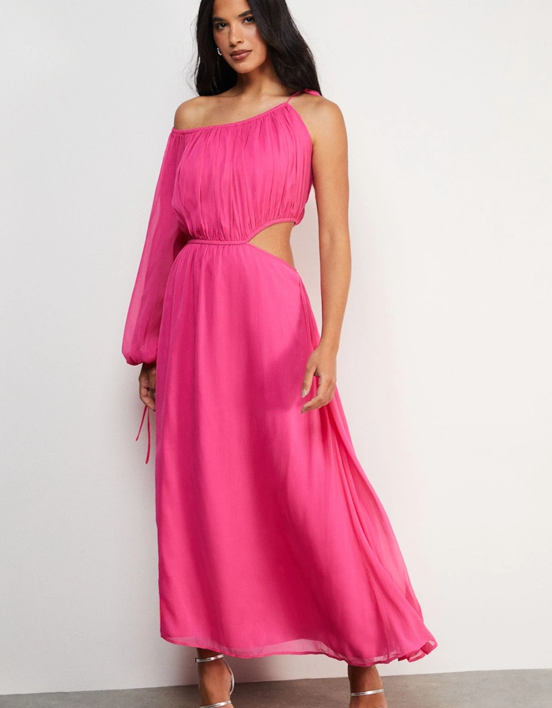 Chiffon One Shoulder Balloon Sleeve Cut Out Midi Dress