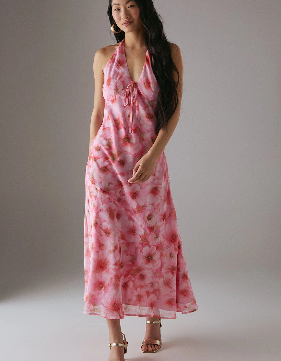 Petite Chiffon Bias Tie Front Low Back Halter Midi Dress, 2 of 1