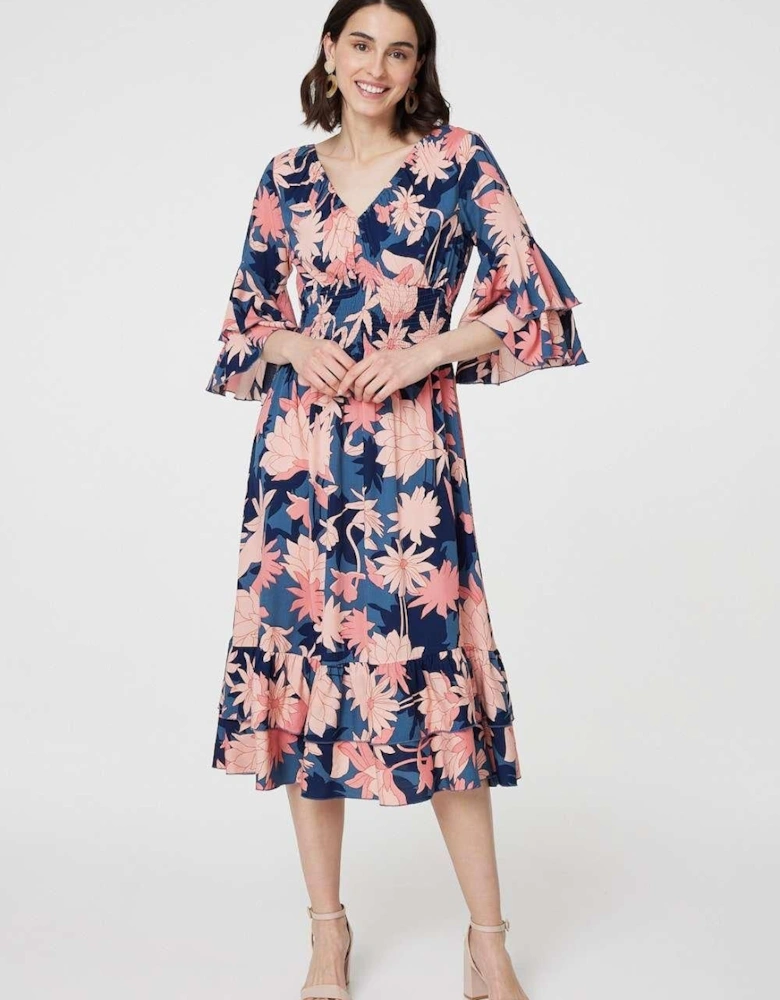 Floral 3/4 Sleeve Ruffled Midi Dress