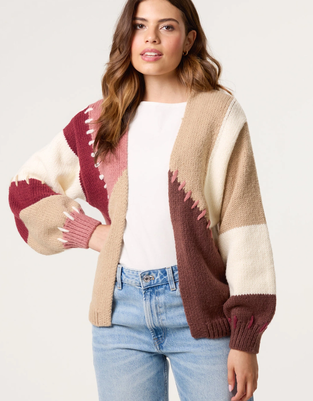 Brown Blanket Stitch Detailed Colourblock Cardigan, 2 of 1