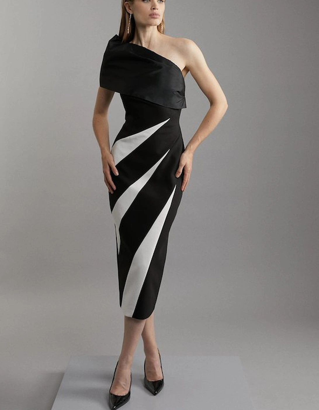 Petite Clean Tailored Taffeta One Shoulder Panel Midi Dress, 2 of 1