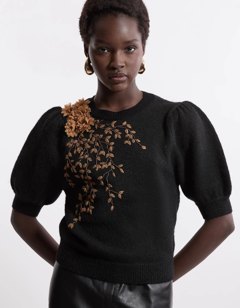 Flower And Beaded Puff Sleeve Knit Tee