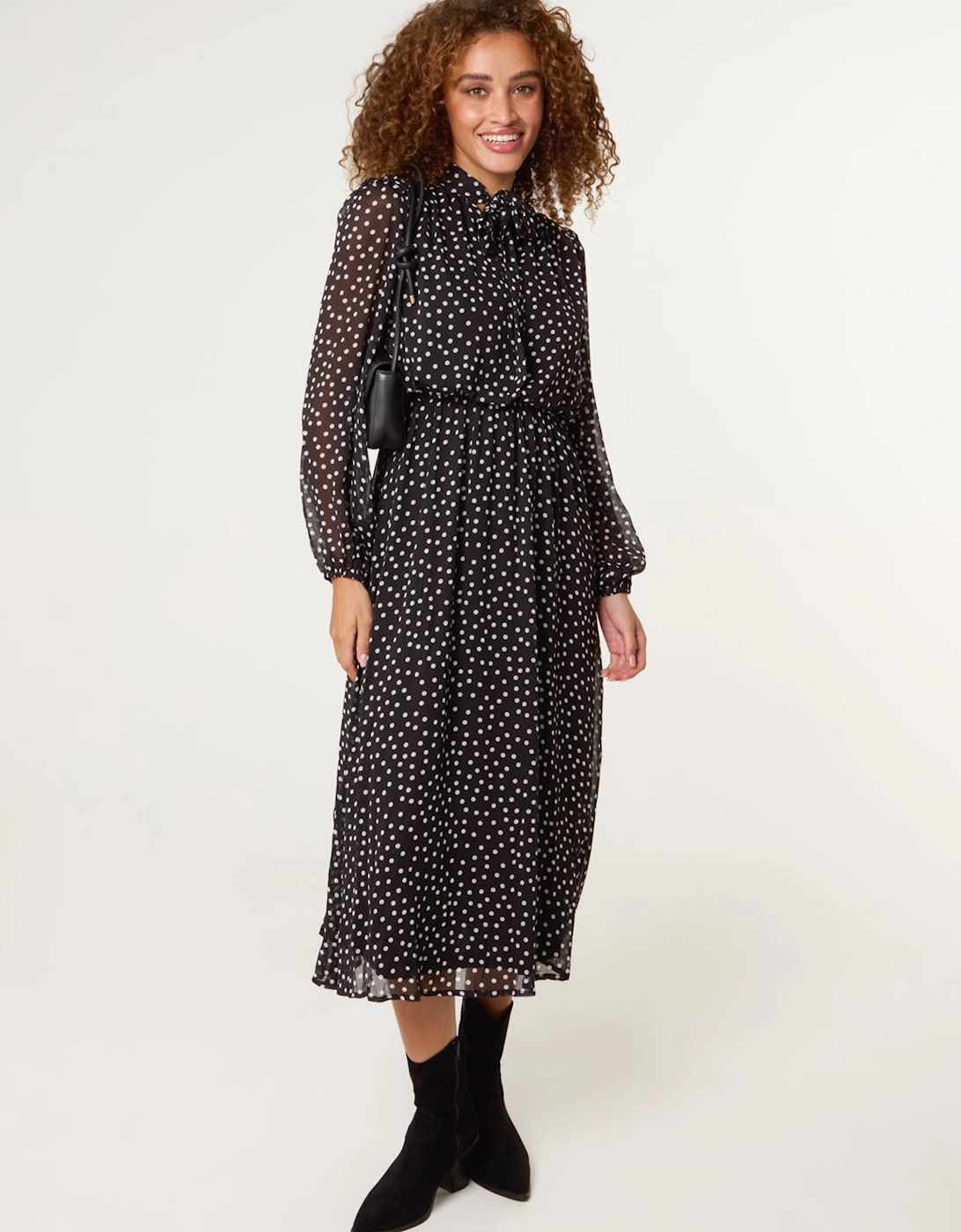 Black Polka Dot Tie Neck Midi Dress, 2 of 1