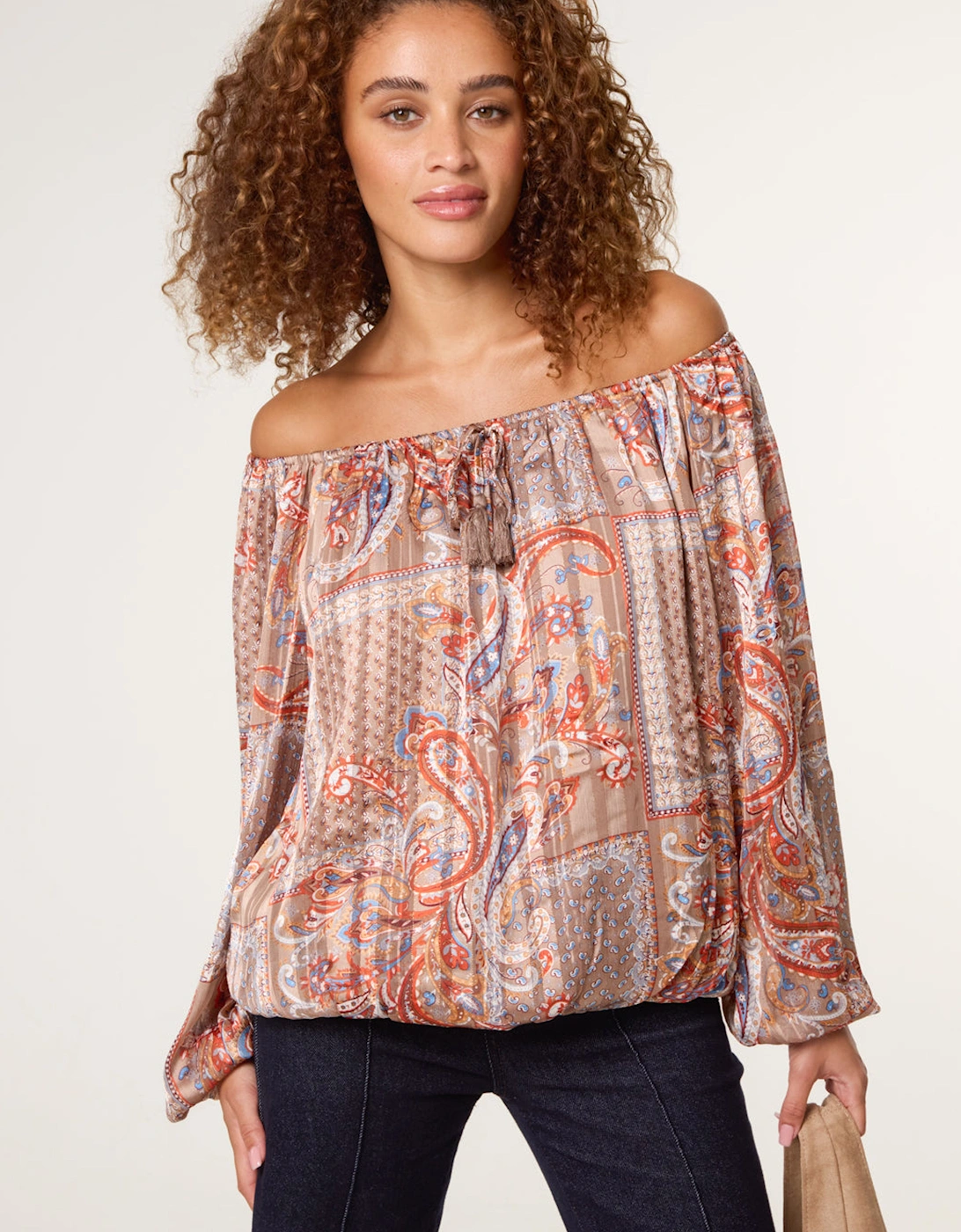 Light Brown Bardot Puff Ball Blouse, 2 of 1