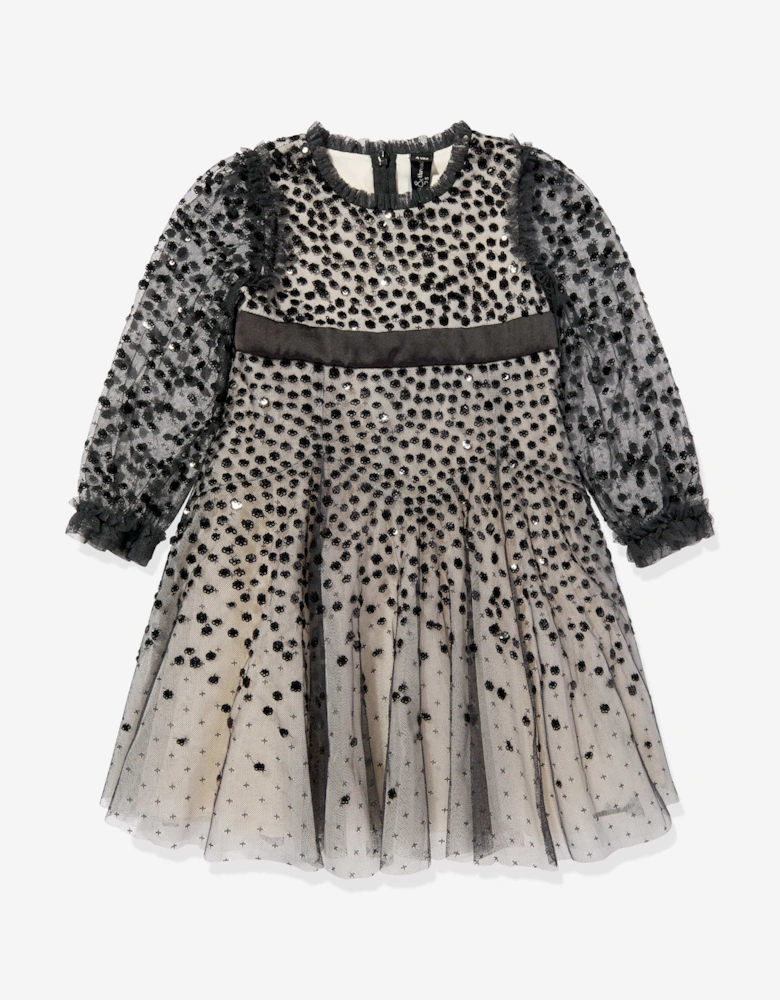 Girls Dappled Sequin Long Sleeve Dress in Black
