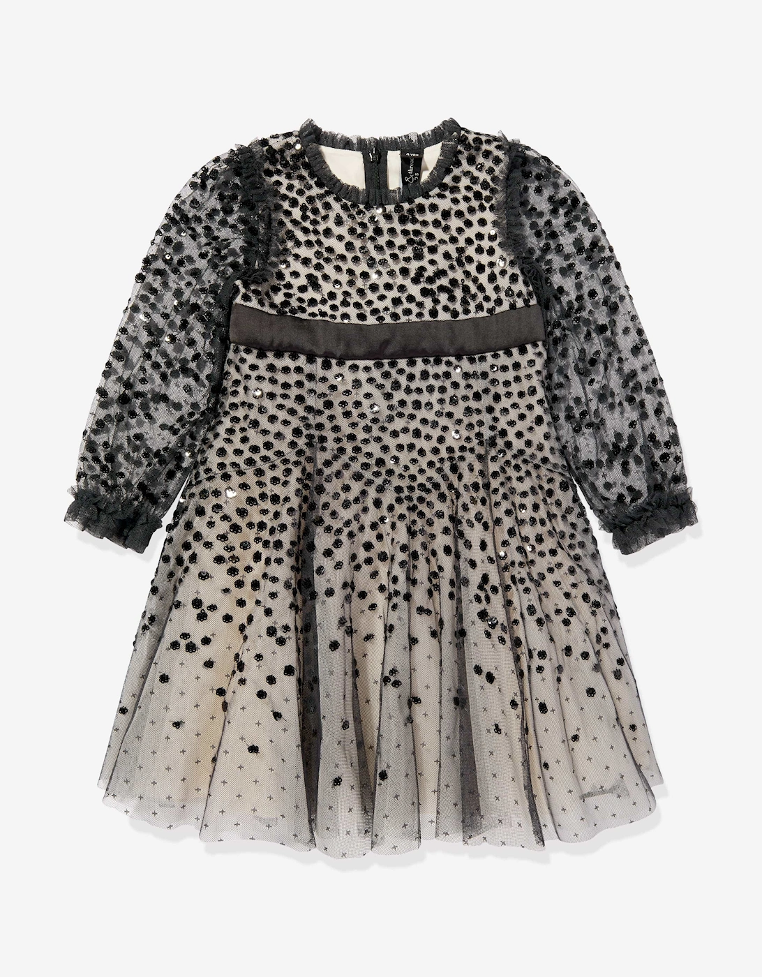 Girls Dappled Sequin Long Sleeve Dress in Black, 5 of 4