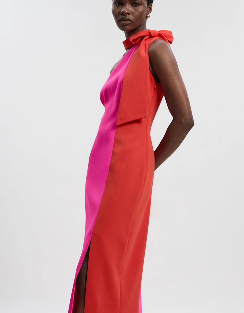 Petite Soft Tailored Colour Block Bow Tie Neck Midi Dress