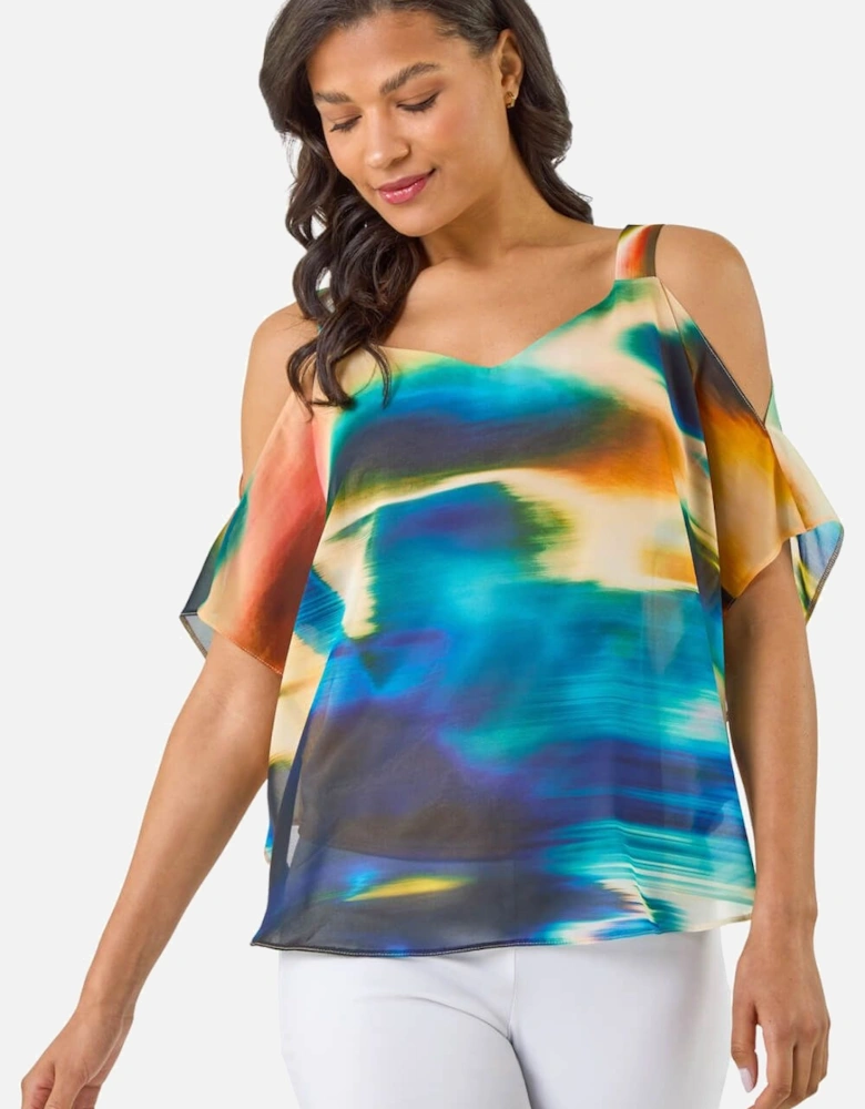 Abstract Overlay Cold Shoulder Top
