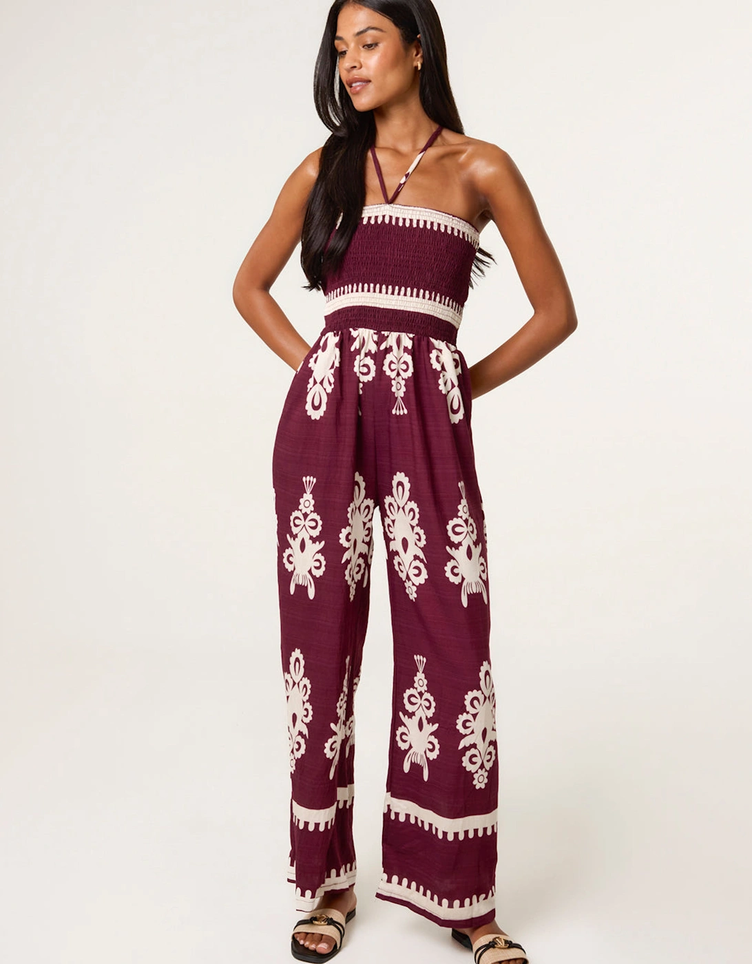 Wine Strapless Shirred Waist Jumpsuit, 2 of 1