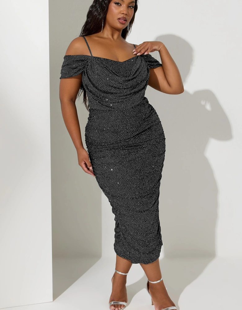 Cold Shoulder Glitter Mesh Dress