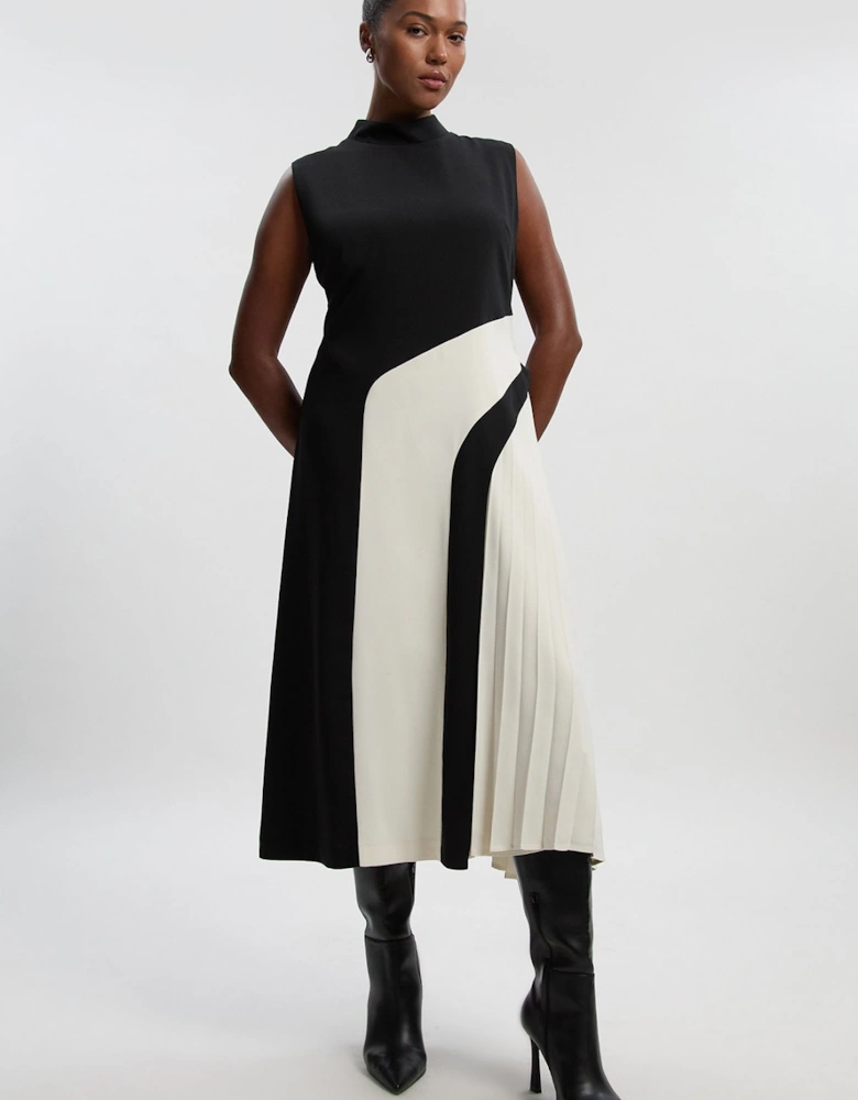Plus Size Soft Tailored Colour Block High Neck Pleated Midi Dress