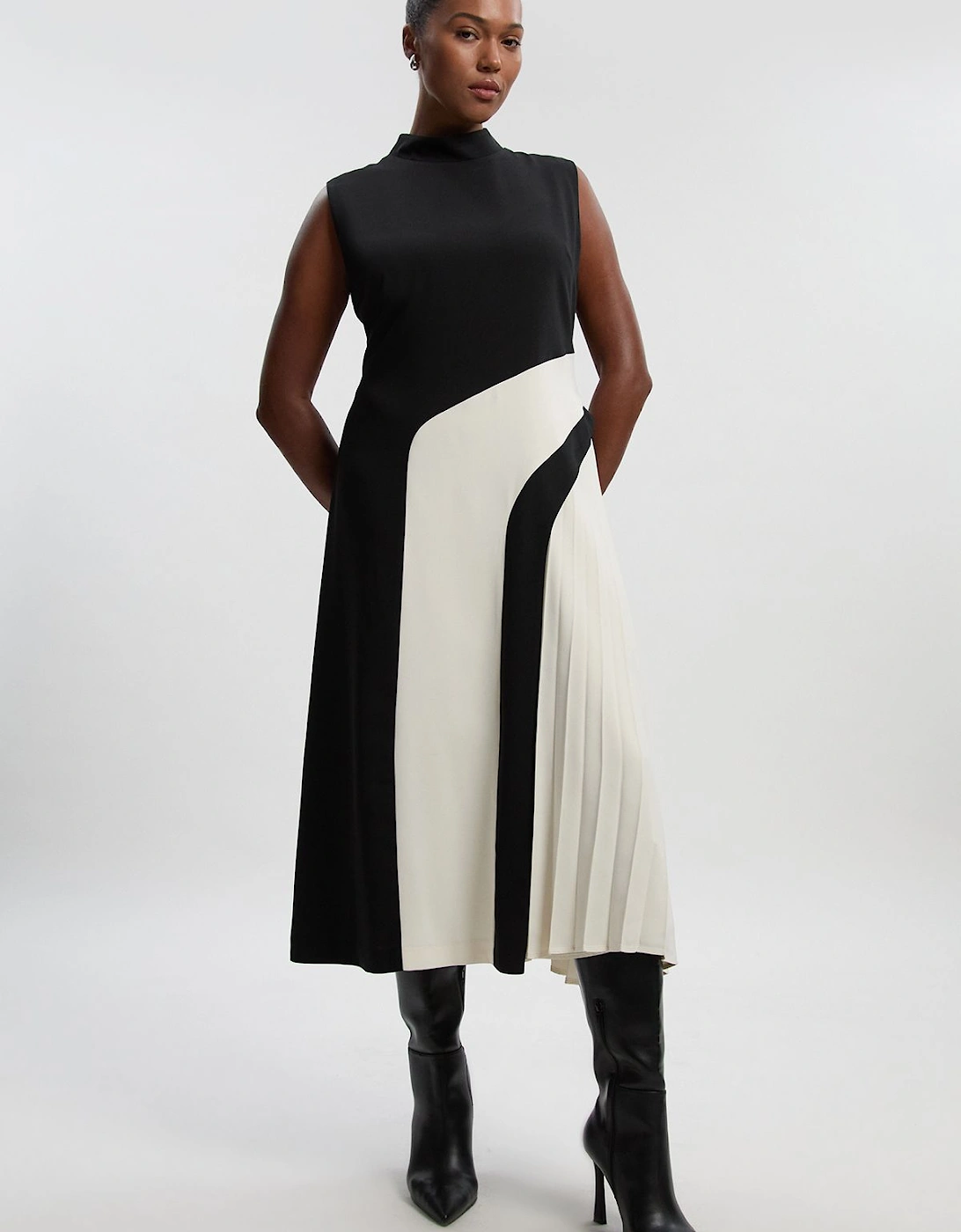 Plus Size Soft Tailored Colour Block High Neck Pleated Midi Dress, 2 of 1
