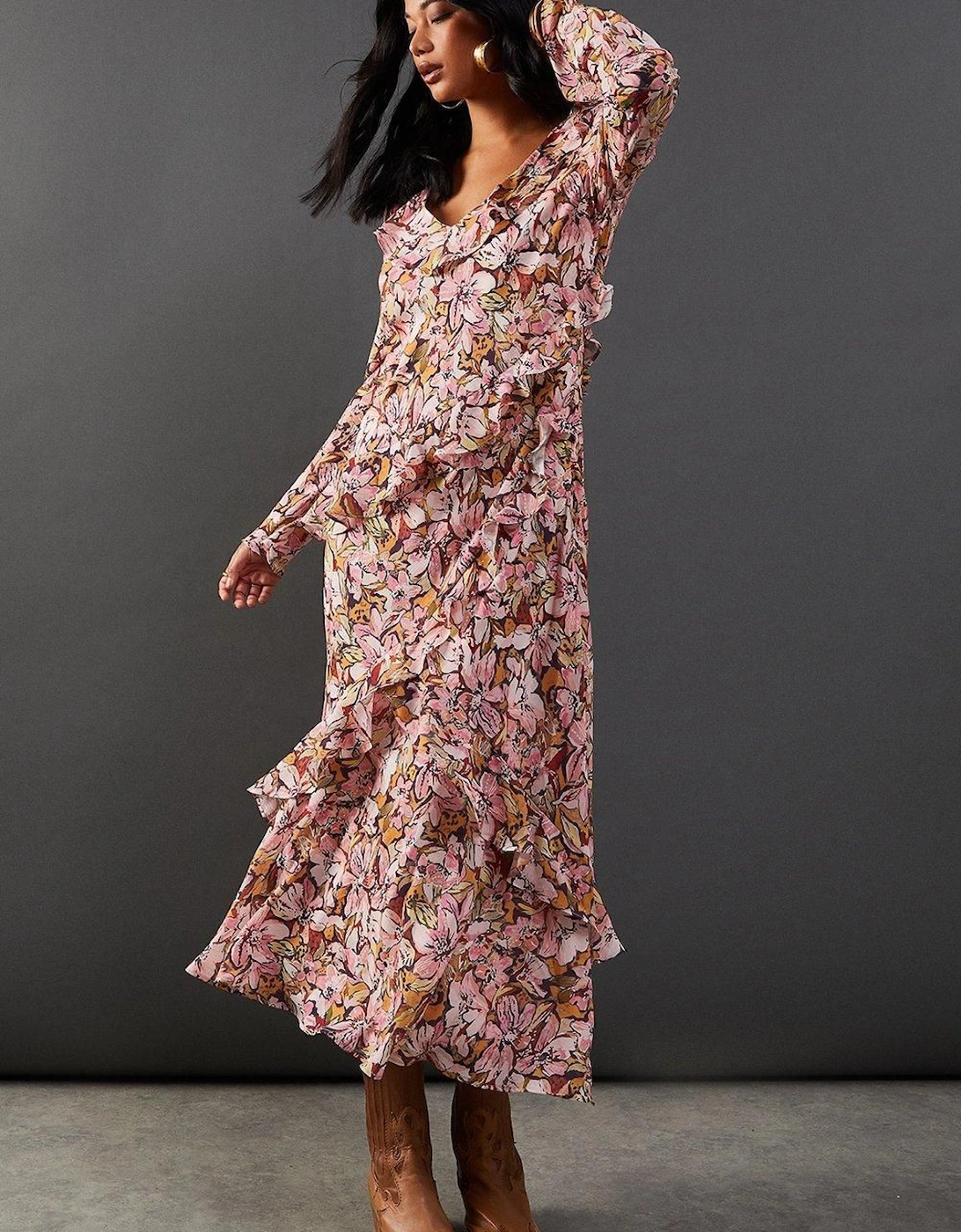 Printed Chiffon Ruffle Seam V Neck Midi Dress, 2 of 1
