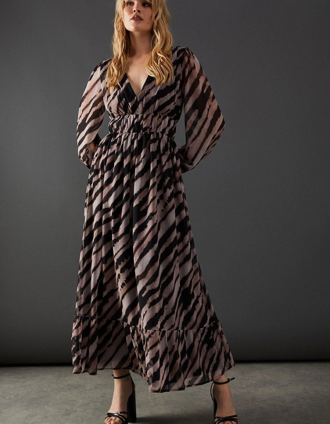 Animal Chiffon Plunge Neck Balloon Sleeve Maxi Dress, 2 of 1