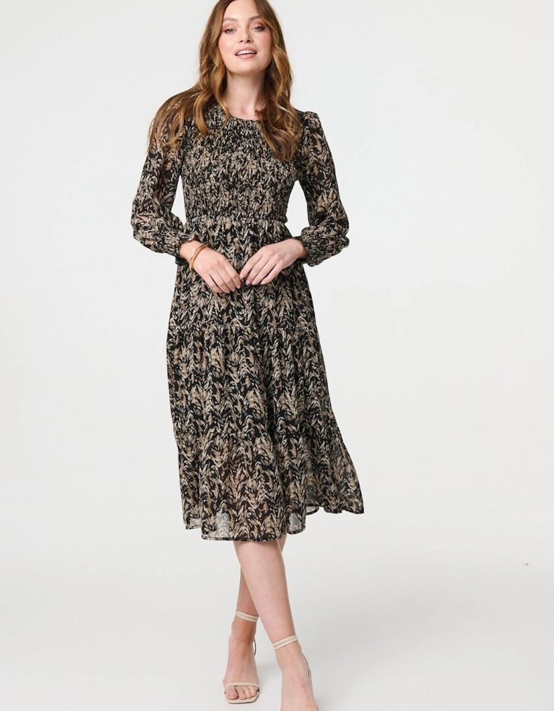 Printed Long Sleeve Semi Sheer Smock Midi Dress