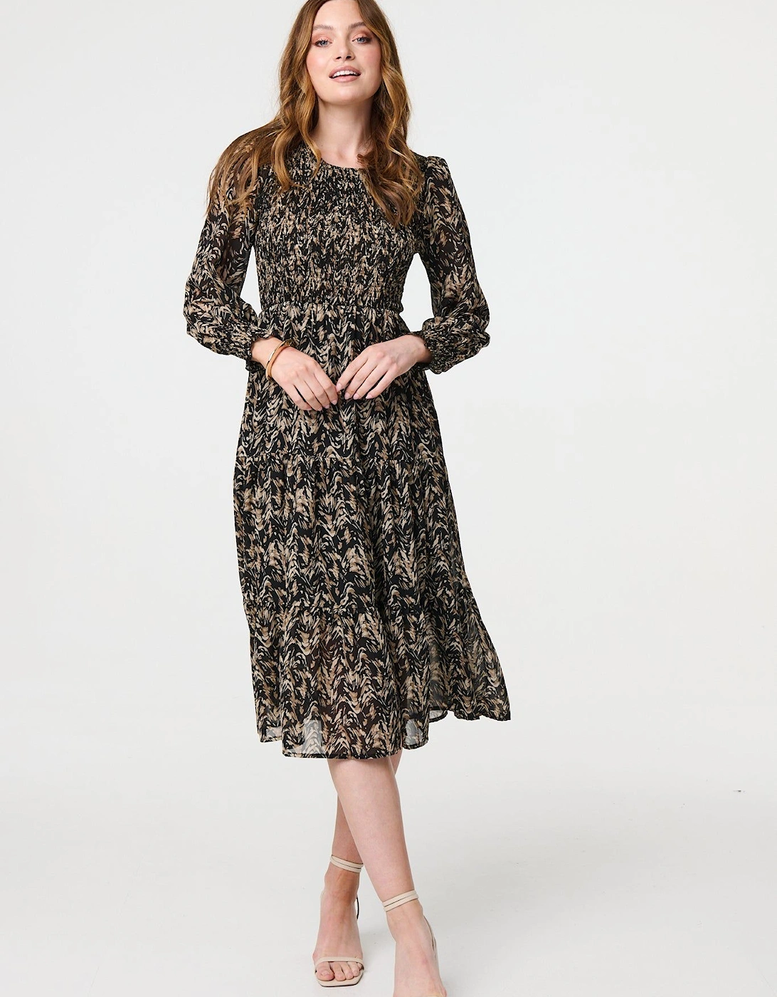 Printed Long Sleeve Semi Sheer Smock Midi Dress, 2 of 1
