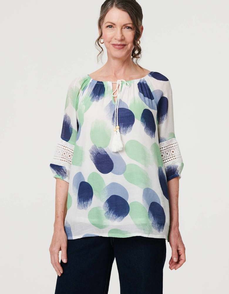 Printed Lace Trim Tassel Front Blouse