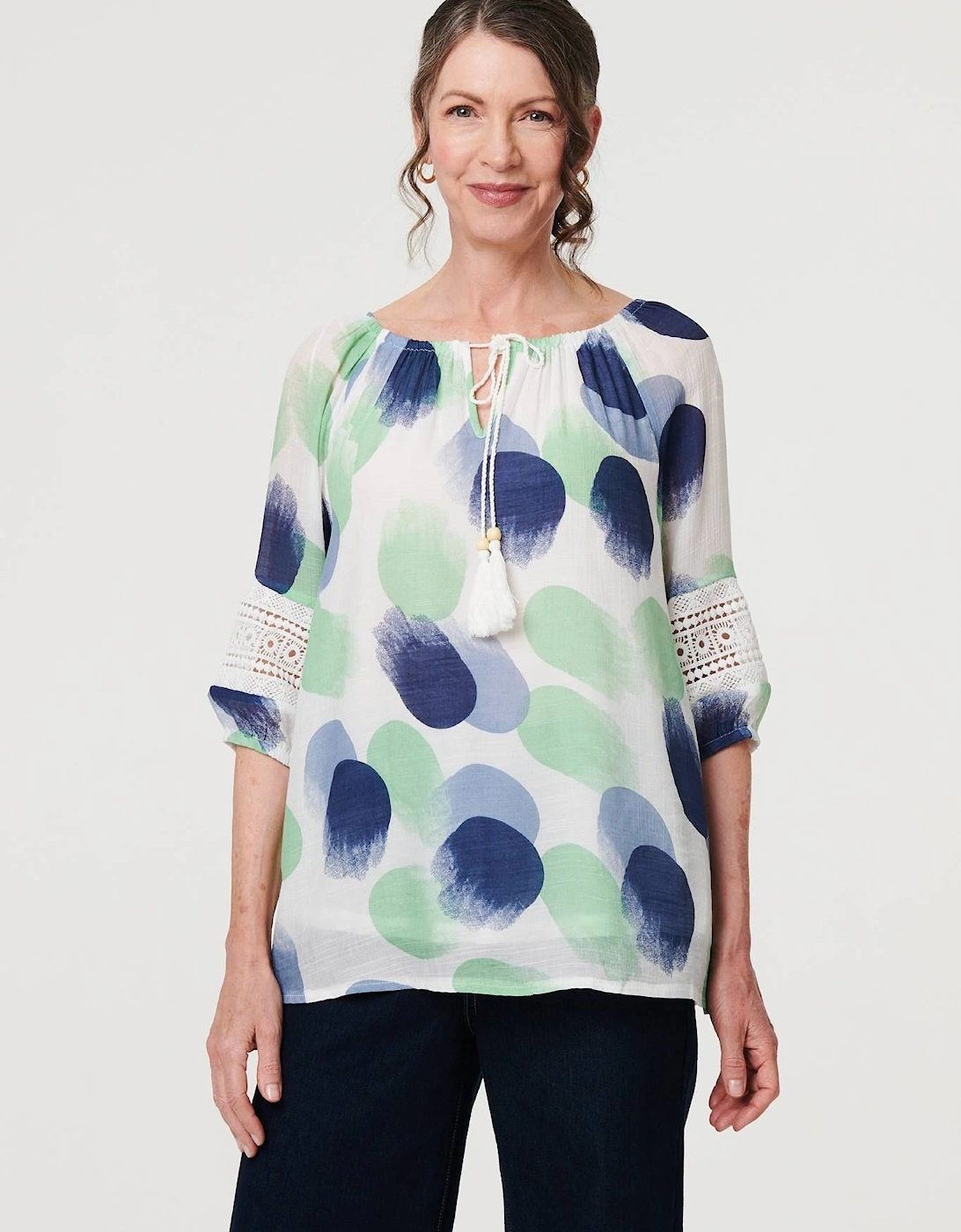 Printed Lace Trim Tassel Front Blouse, 2 of 1