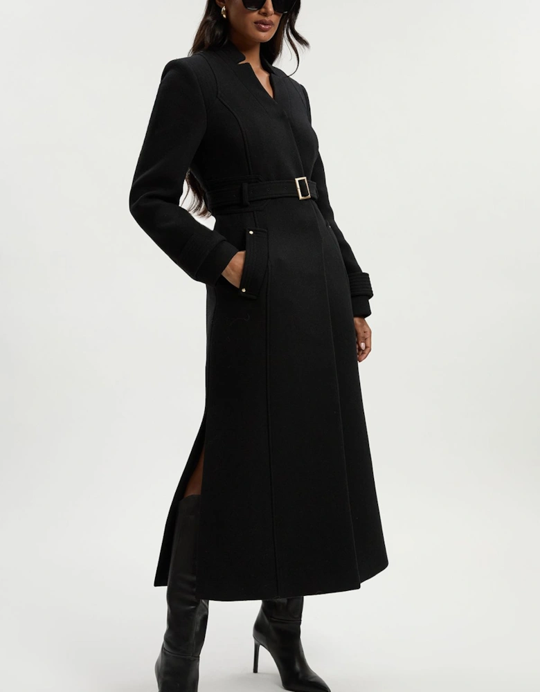 Wool Investment Notch Neck Belted Detail Tailored Maxi Coat