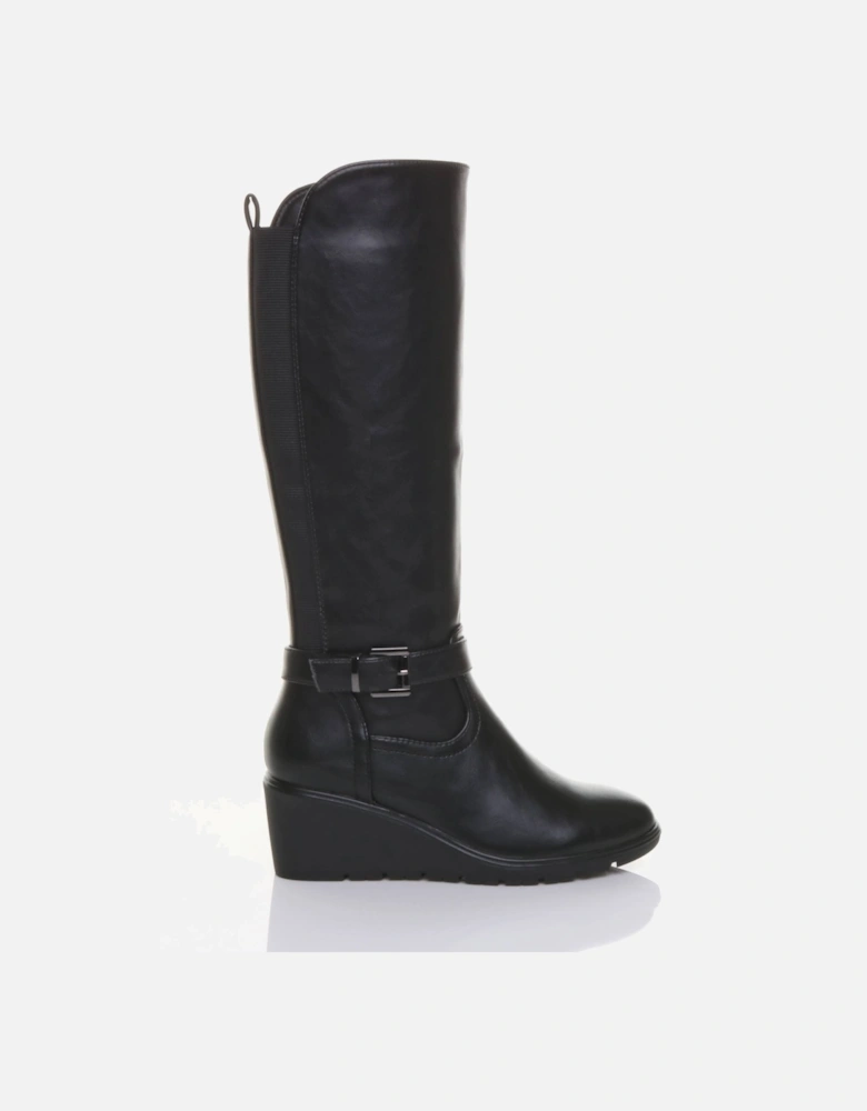 Mid Wedge Heel Knee High Stretch  Calf Boots