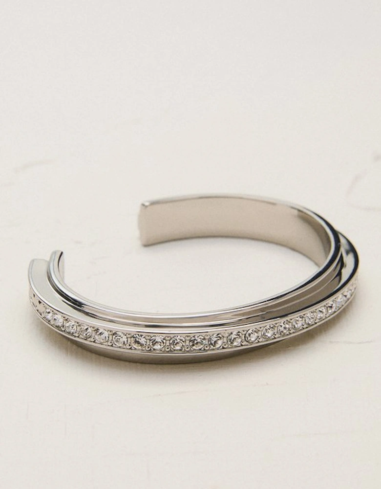 Silver Tone Crystal Diagonal Cuff