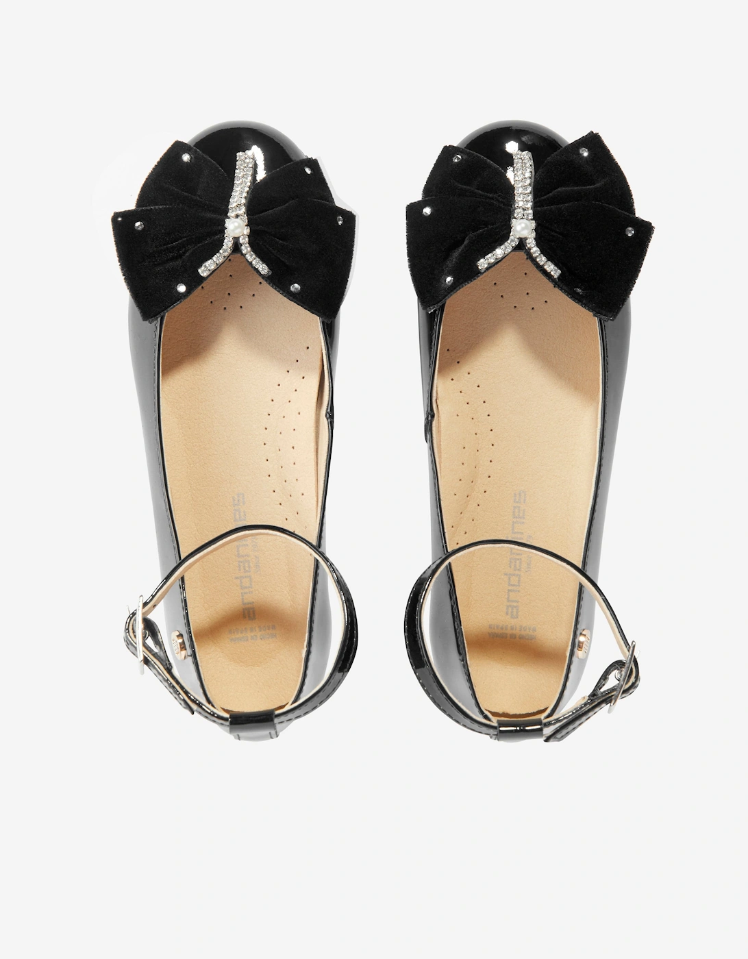 Girls Patent Leather Bow Ankle Strap Shoes in Black