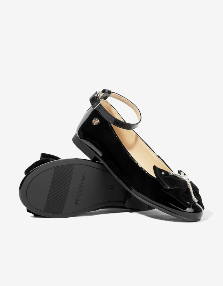 Girls Patent Leather Bow Ankle Strap Shoes in Black